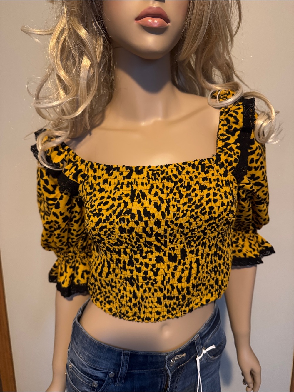 Free the Roses Black Textured Top with Mustard Floral Accent